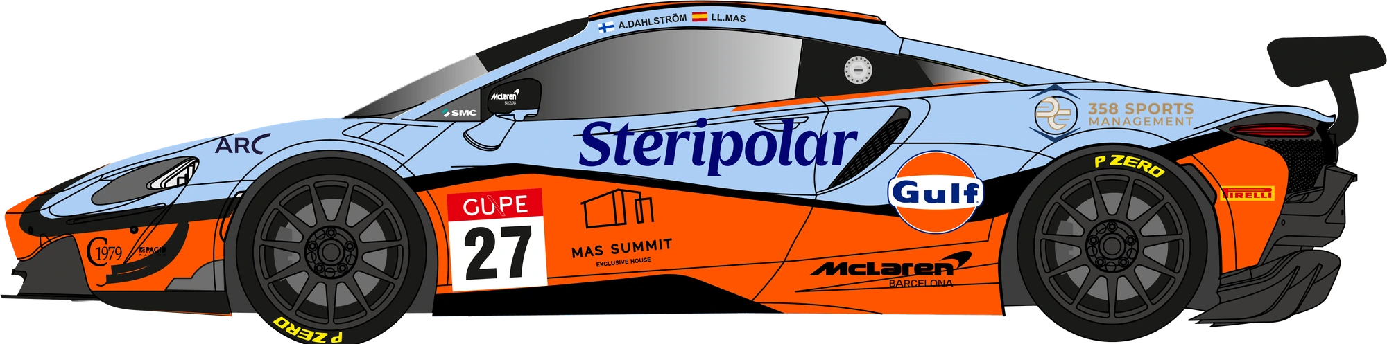 Alexander Dahlström's McLaren Artura GT4, car 27, in Gulf Oil livery — McLaren Barcelona SMC Motorsport 2026